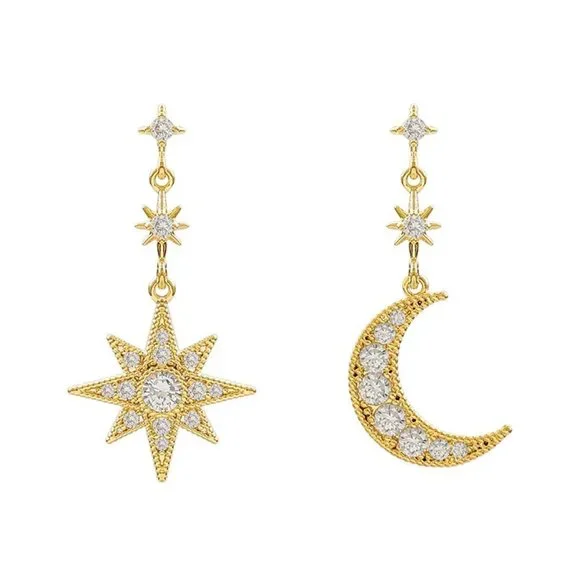 Sparkly Crescent Moon & Stars Celestial Ethereal Gold & CZ Diamonds Earrings NEW - Picture 4 of 6
